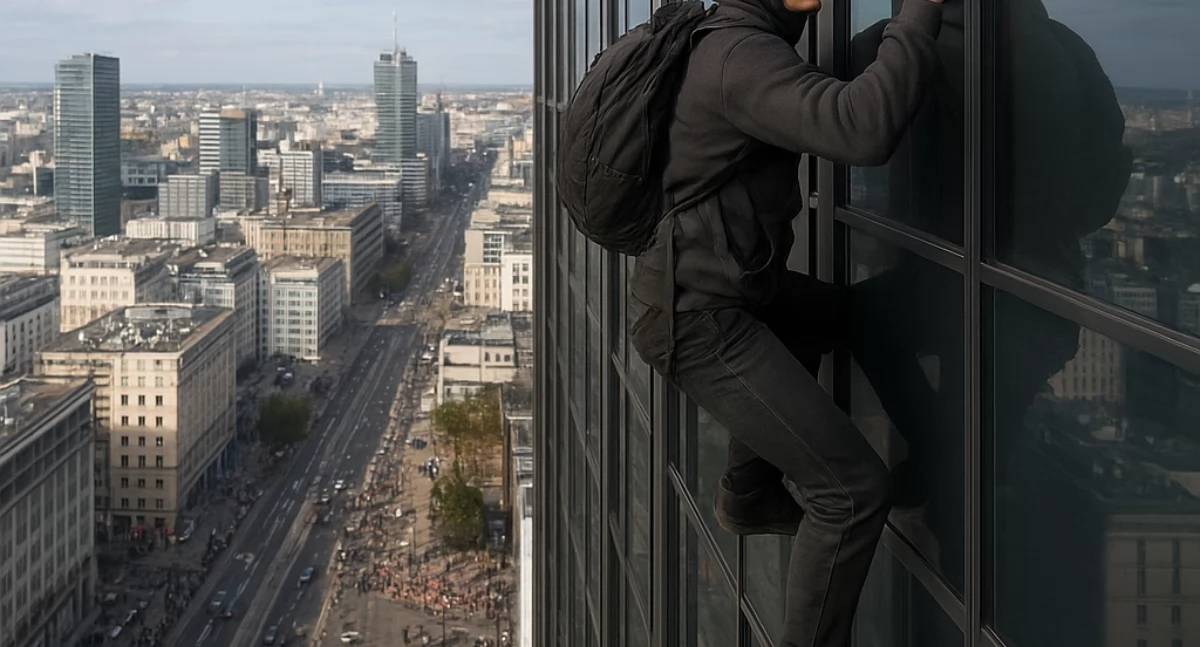 Aktualnosci , „Człowiek pająk” Varso Tower letni Francuz wspiął szczyt najwyższego budynku - zdjęcie, fotografia
