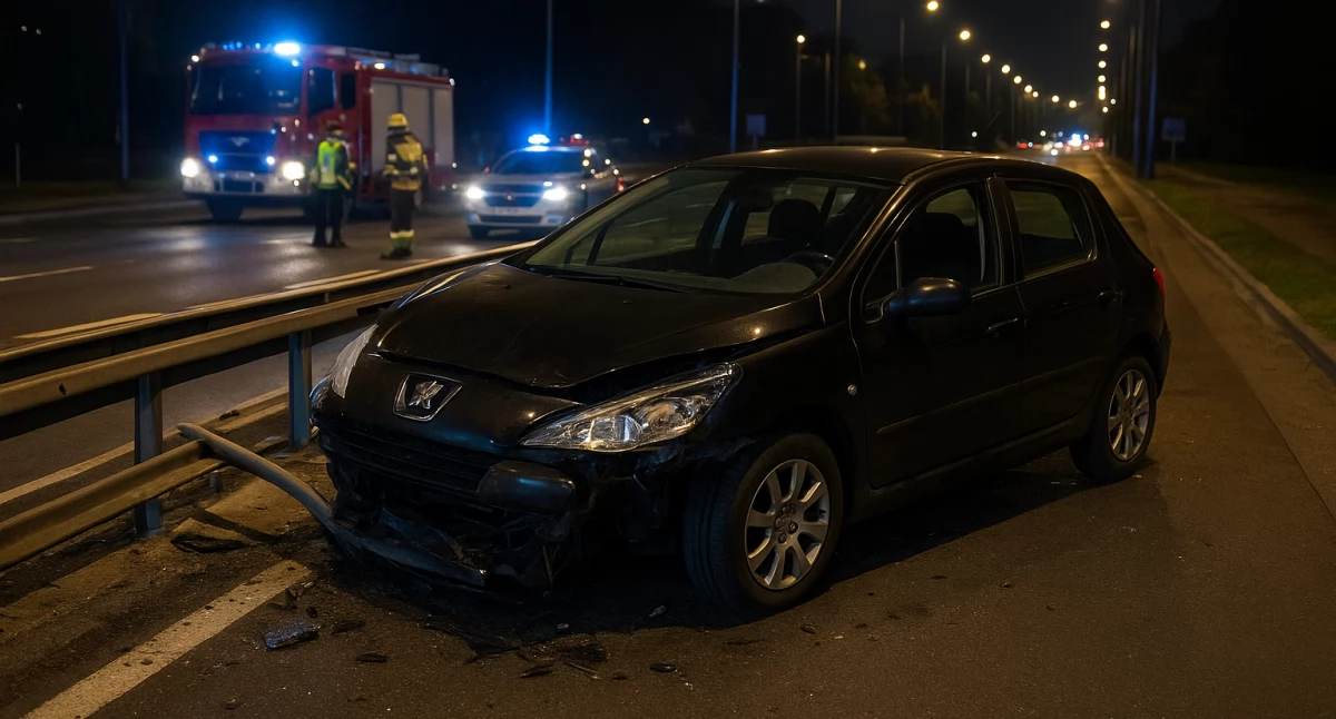 Działania służb, Nocny wypadek centrum Warszawy Peugeot uderzył barierki Armii Ludowej - zdjęcie, fotografia