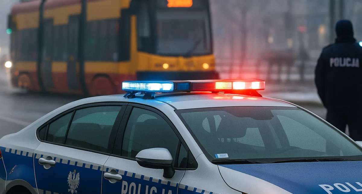 Działania służb, Kierowca usługi przewozu osób wjechał tramwaj centrum Warszawy - zdjęcie, fotografia