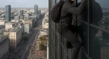 „Człowiek-pająk” na Varso Tower. 24-letni Francuz wspiął się na szczyt najwyższego budynku w UE